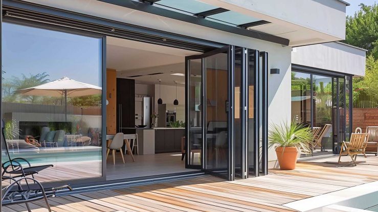 Access to the terrace through an aluminium folding door